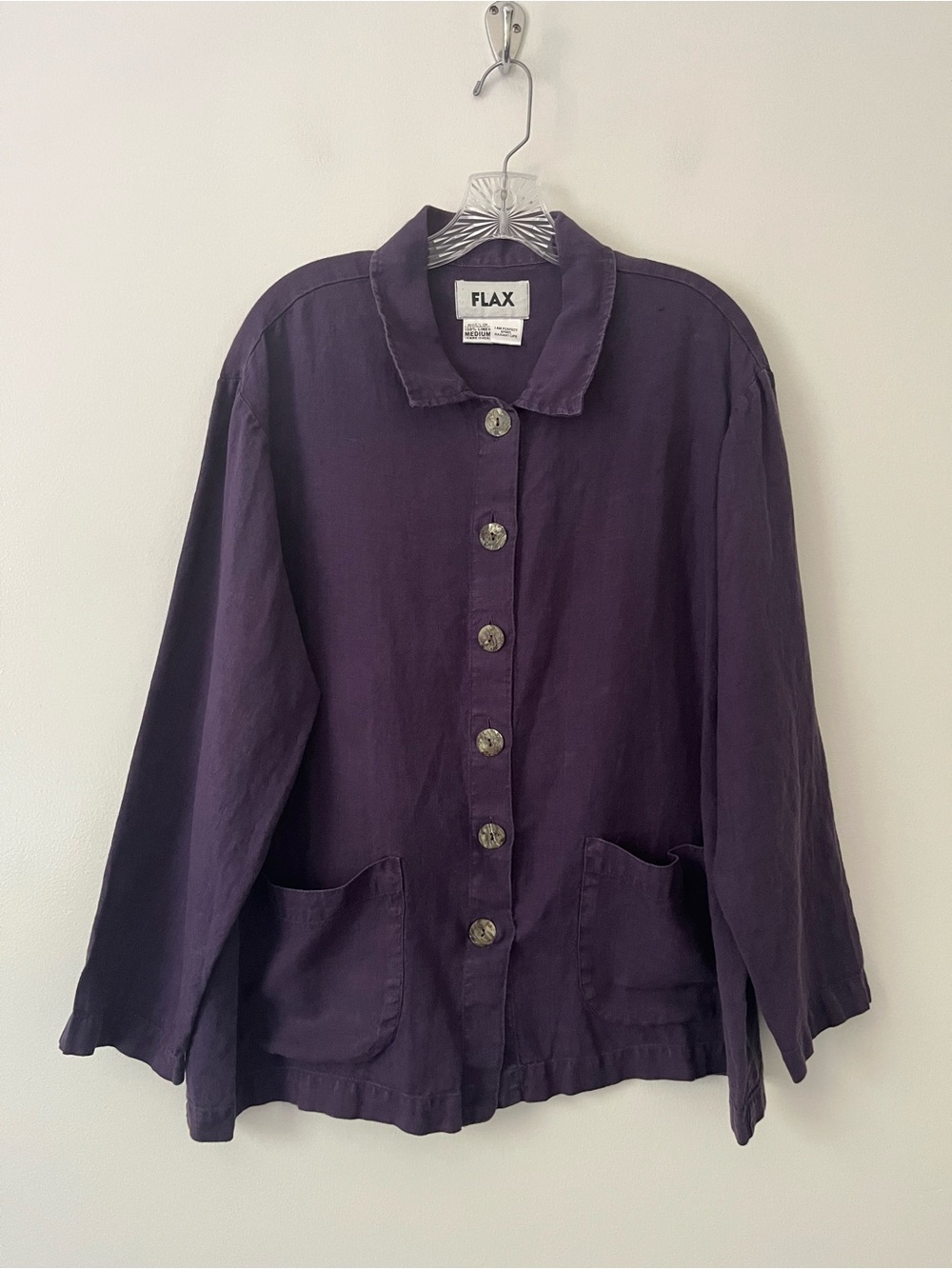 FLAX Linen Jacket Purple Button Front Lagenlook Shacket Pockets Boho Hippie M